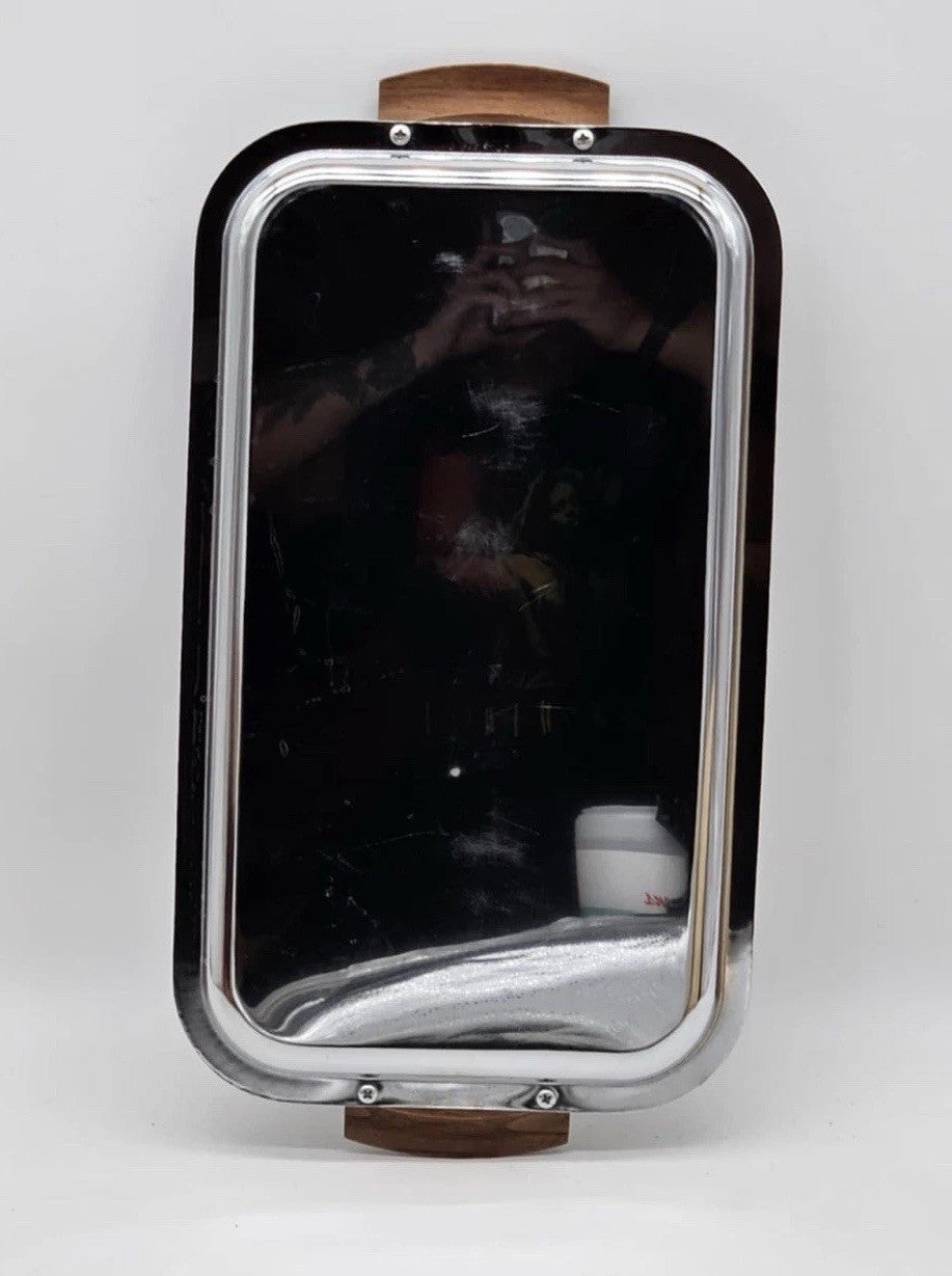 Club Aluminum Rectangular Stainless Bar Tray American Walnut Handles #104