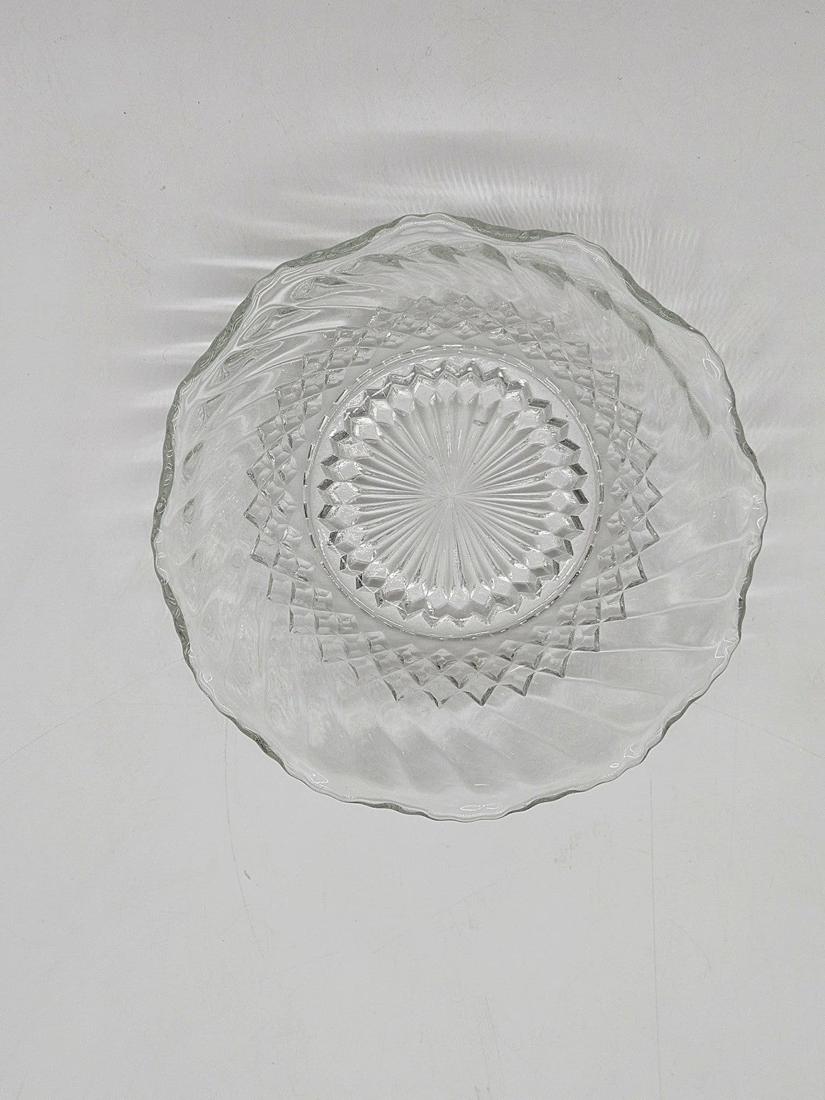 Vintage Pressed Glass Serving Bowl Scalloped Rim Swirl Diamond Starburst