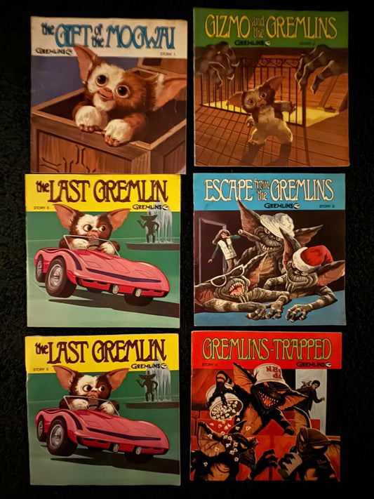 SET OF 6 VINTAGE GREMLINS READ ALONG BOOKS & 33 1/3 RECORDS ~ DATED 1984