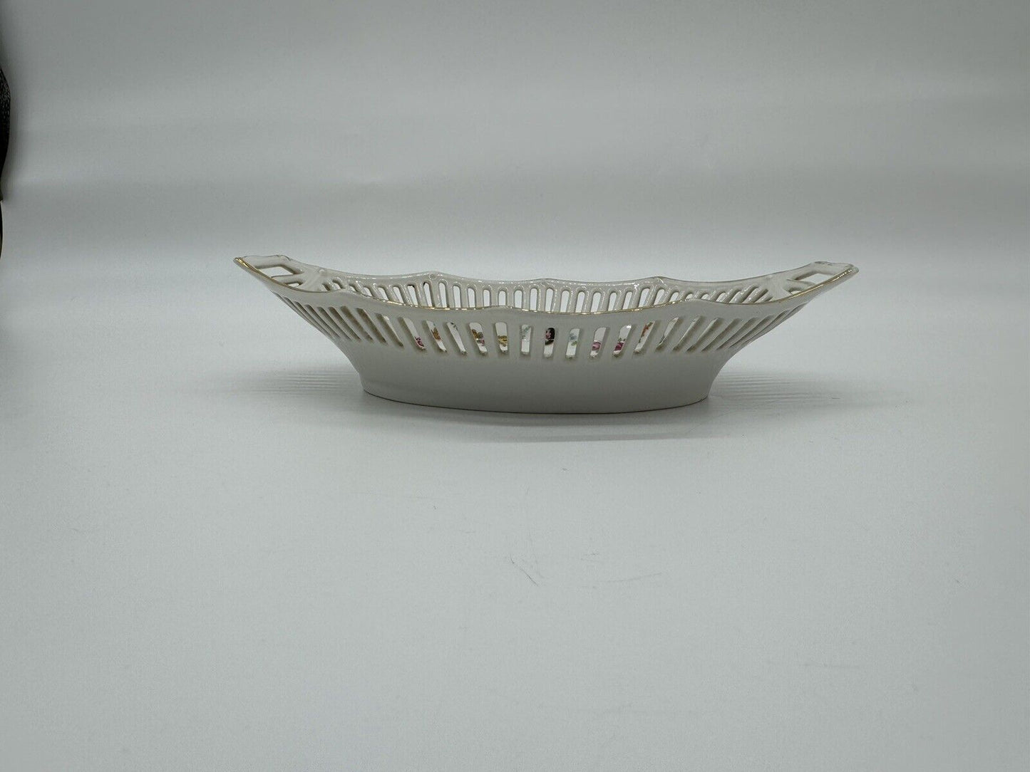 Reticulated German Porcelain Dish White With Gold Trim & Handles Stamped