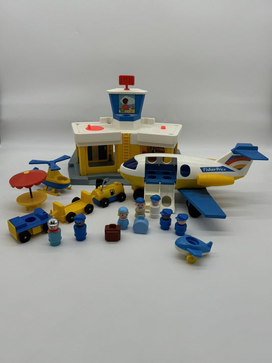 Vintage Fisher Price Little People Airport With Plane, Helicopter& Accessories