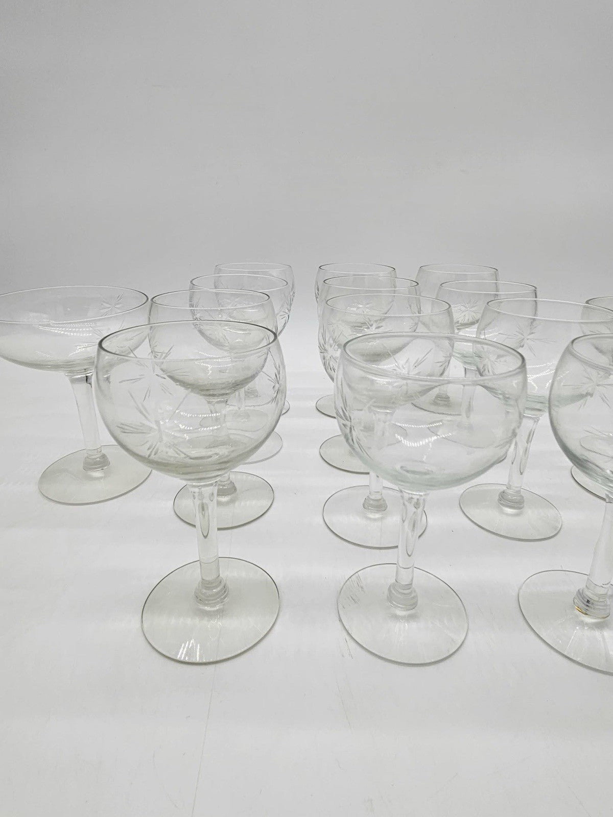 Vintage Etched Starburst Cocktail Glass 12pc Coupe Set & 2pc Goblet Set