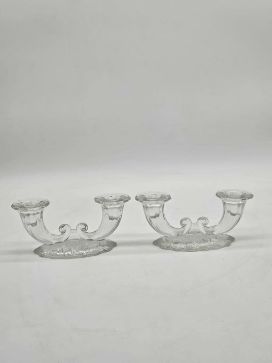 Heisey Warwick Vintage Clear Glass Cornucopia Double Candle Stick Holder Set