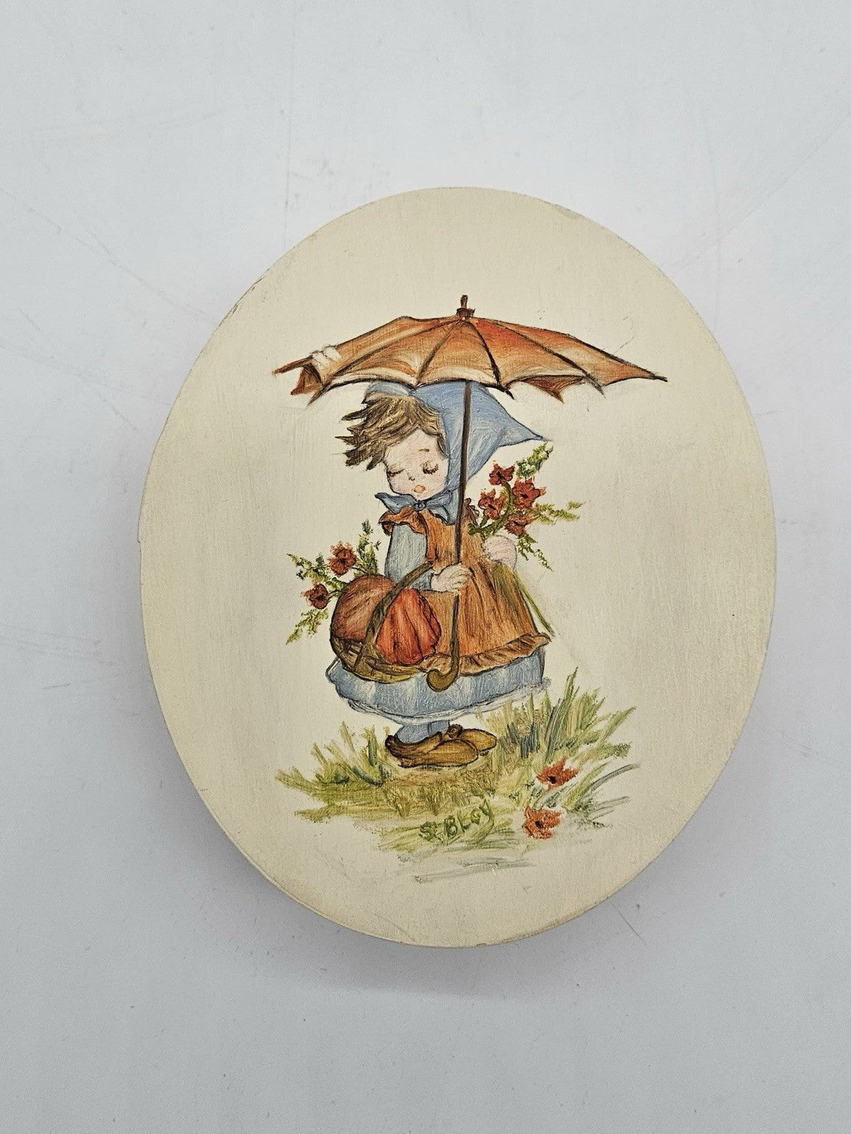 Vintage Wooden Oval Trinket Box Hand Painted Girl with Umbrella Lid