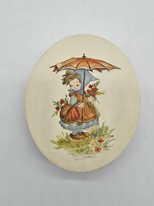 Vintage Wooden Oval Trinket Box Hand Painted Girl with Umbrella Lid