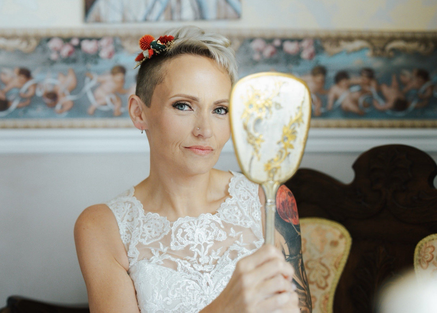 Size 6 - Oleg Cassini - Beaded Lace Wedding Gown - CWG780 - Champagne/Ivory