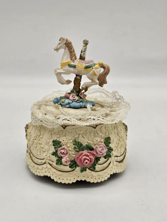 Vintage Musical Carousel Horse Pink Roses Yellow Ribbons