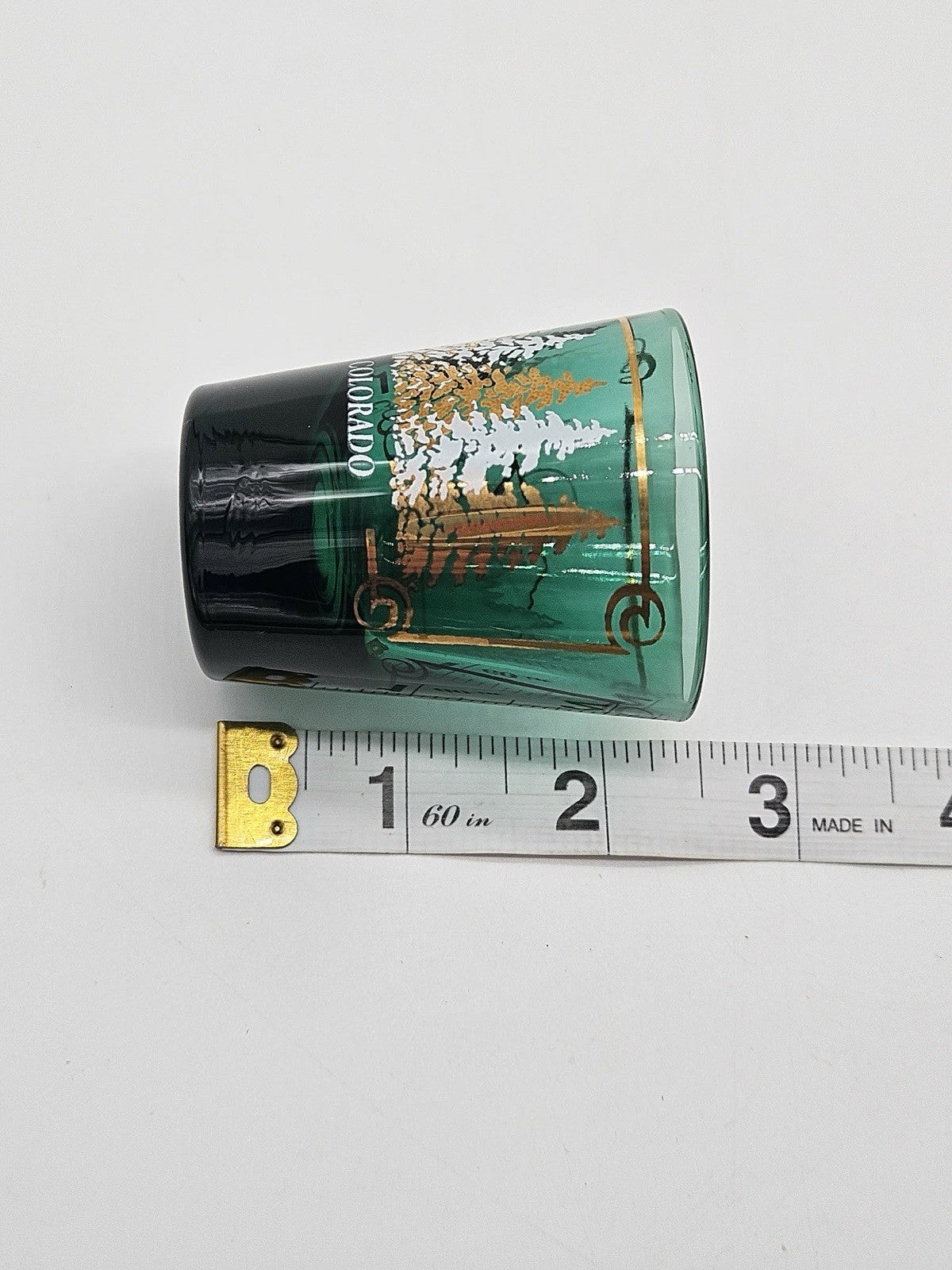 Colorado Green Forest Scenic Souvenir Shot Glass Gold Trim