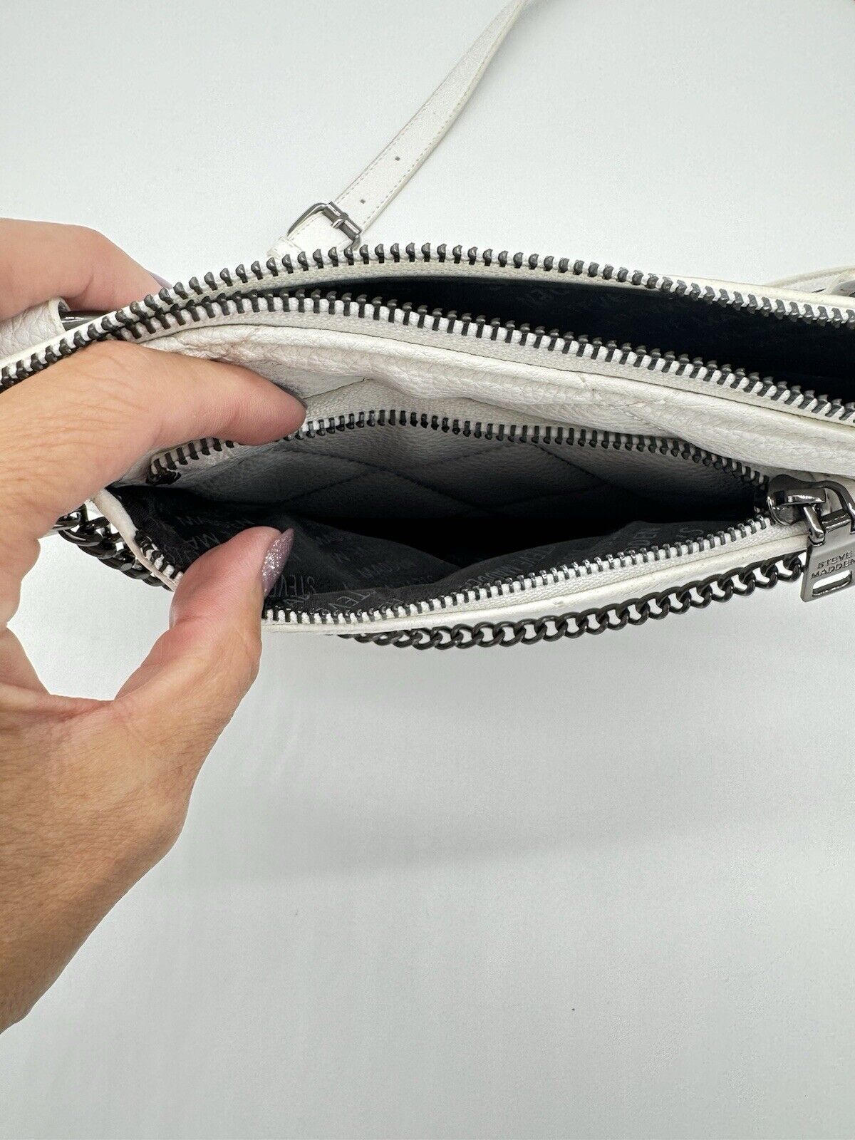 Steve Madden Bbrynn Crossbody Bag White Quilted Chain Bag Adjustable Strap Purse