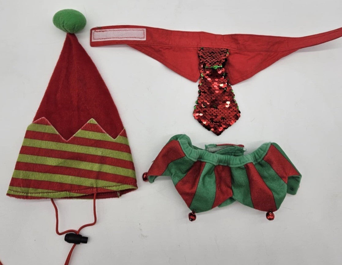Pets Cat Sm Dog Elf Hat with Bell Neckerchief Scarf & Neck Tie Christmas