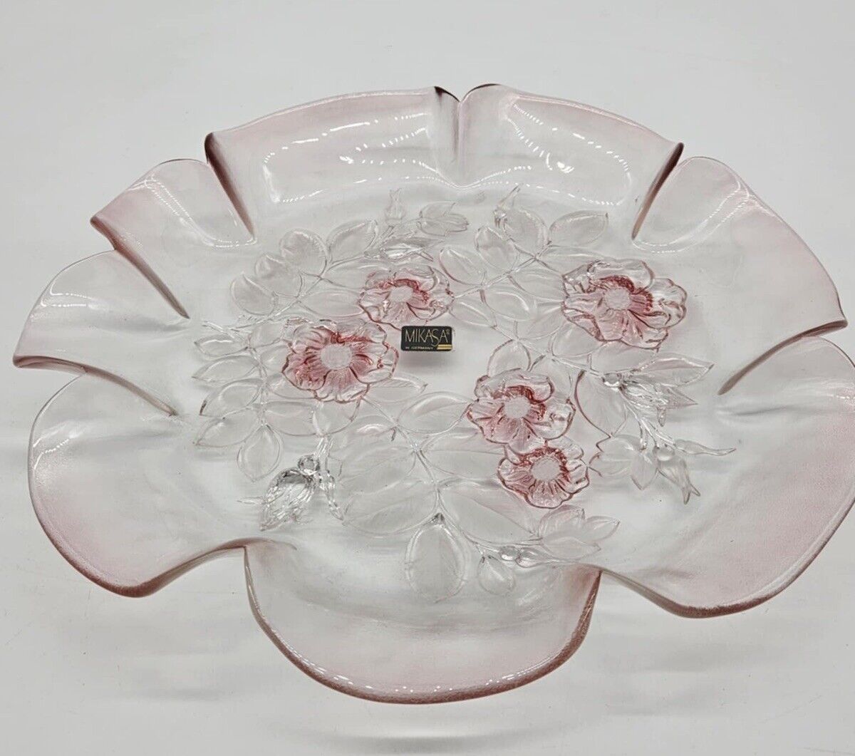 NEW Vtg Mikasa Rosella Ruffled Edge Pink Glass Tray Embossed Roses 13" x  1.5”