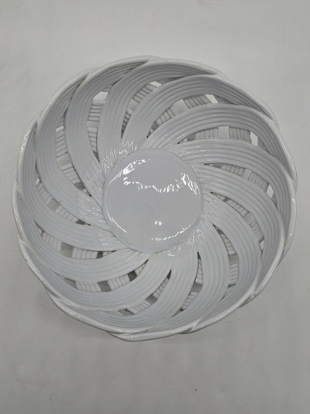 Vintage White Ceramic Woven Lattice Bowl Openwork Centerpiece