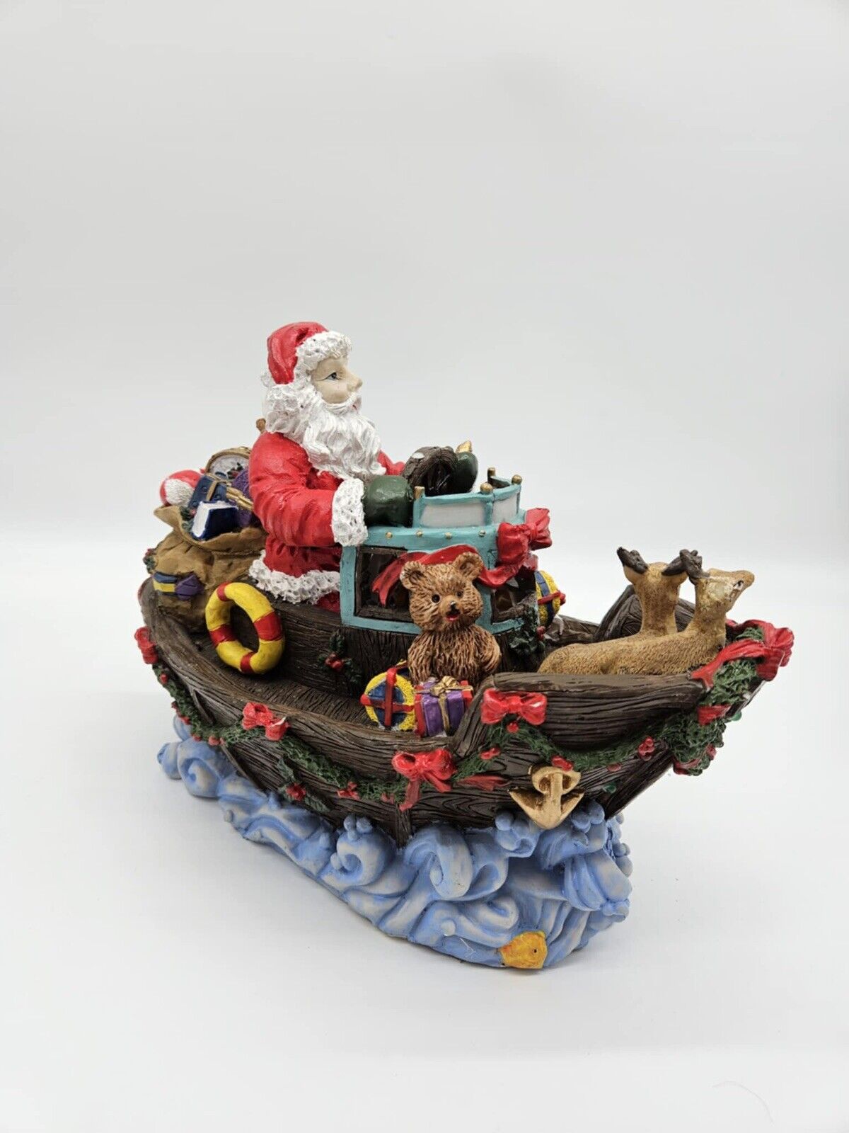 Vintage Santa In Christmas Boat W/ Reindeer & Toys HTF