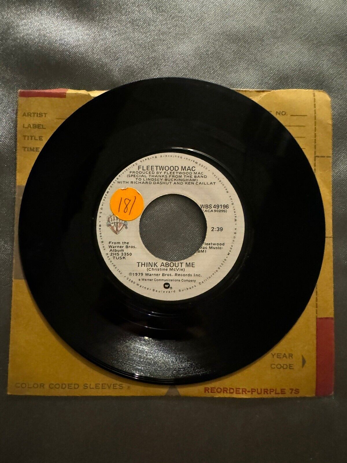 Think About Me 45 Record VG+, Fleetwood Mac, Warner Bros