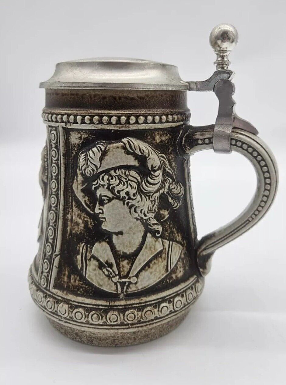 Gerz Bust Relief Beer Stein Lid Stoneware Made In West Germany Pint