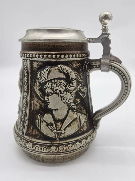 Gerz Bust Relief Beer Stein Lid Stoneware Made In West Germany Pint