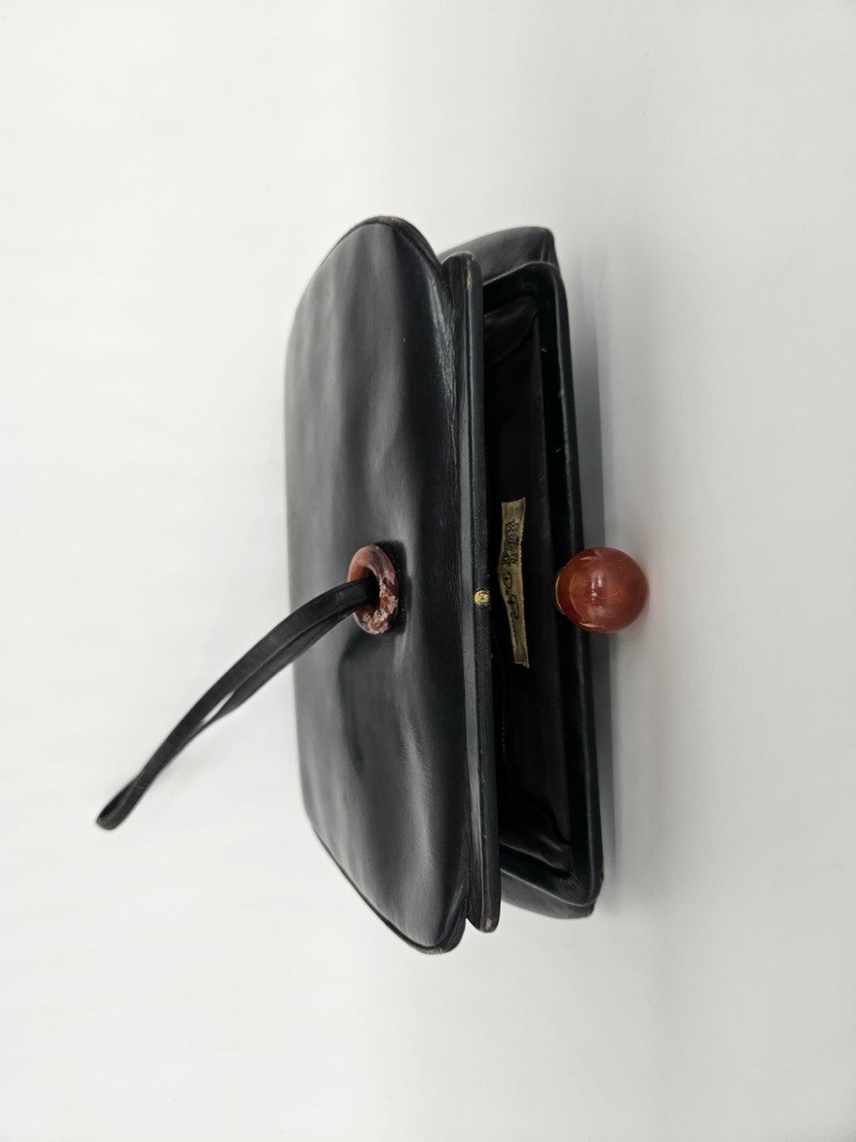 Vintage Black Leather Handbag Bakelite Ball Clasp Purse