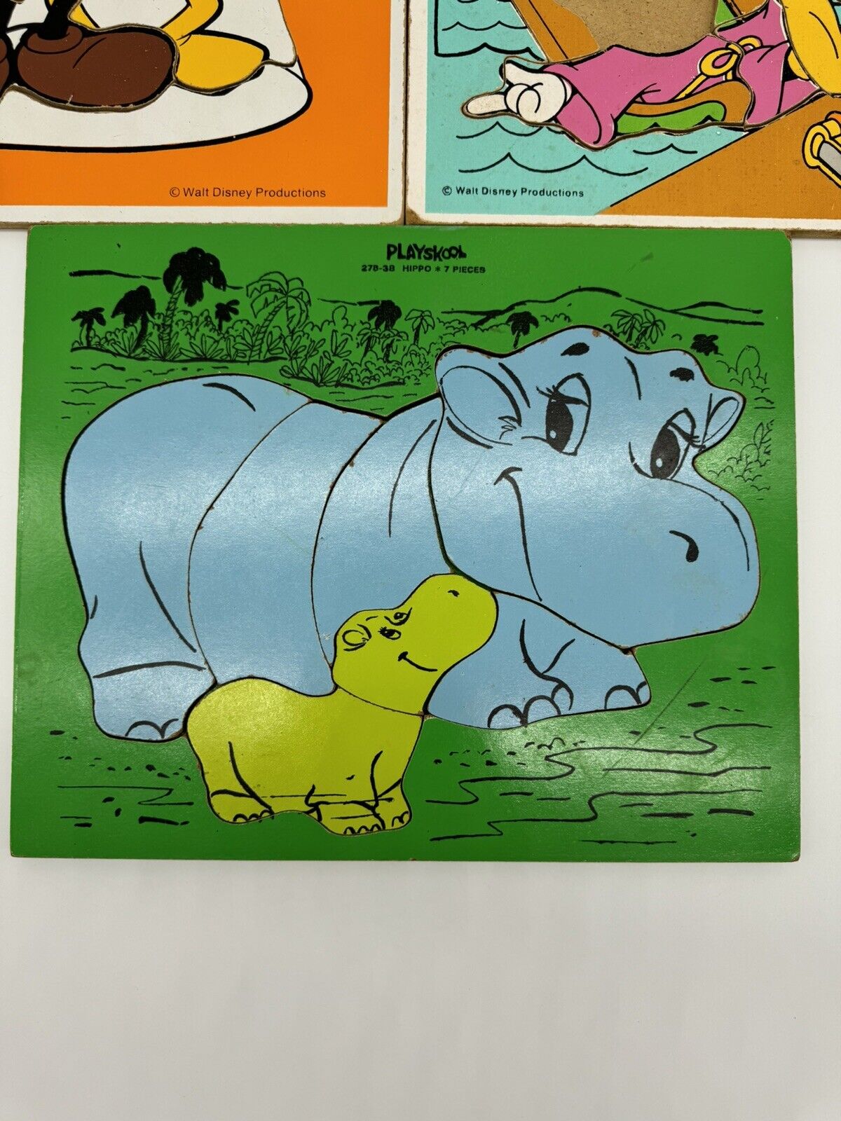 Lot of 3 VTG Walt Disney Mickey Fantasia Hippo Playskool Wooden Puzzles