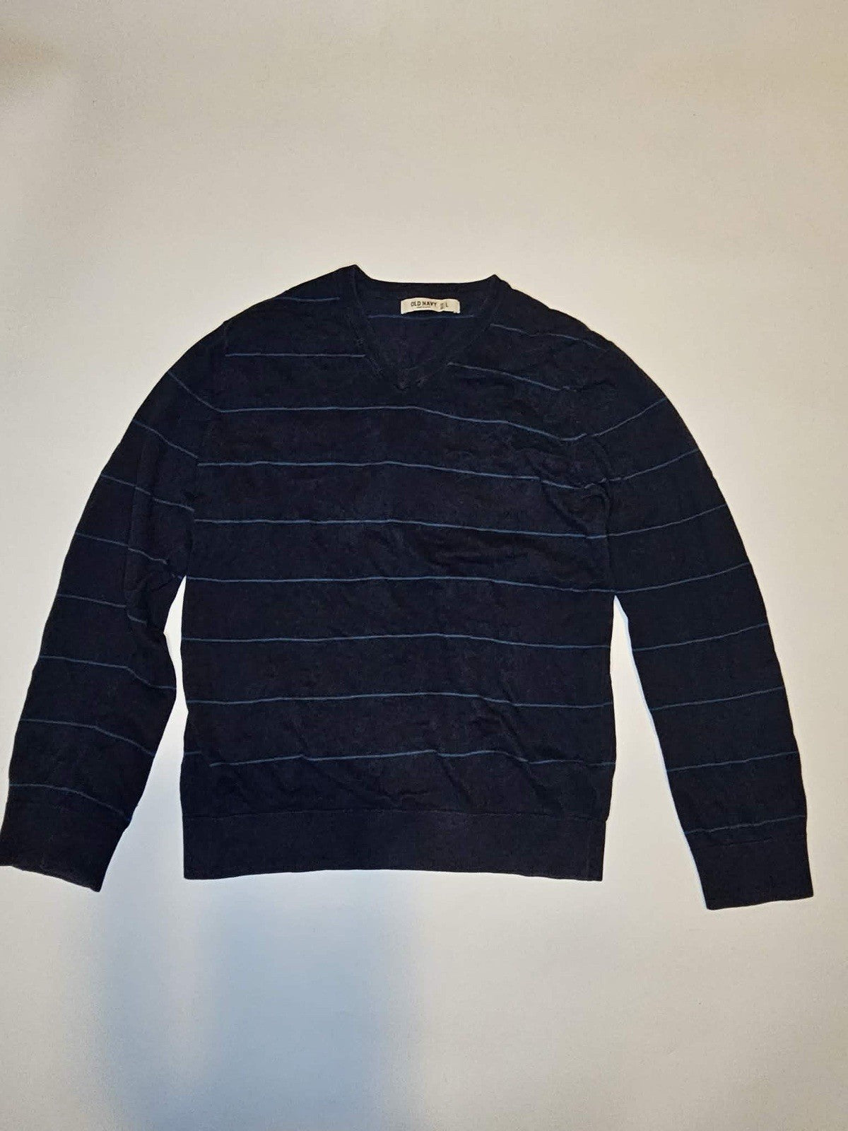 Old Navy Sweater Mens Large Blue Striped Pullover Long Sleeve V Neck