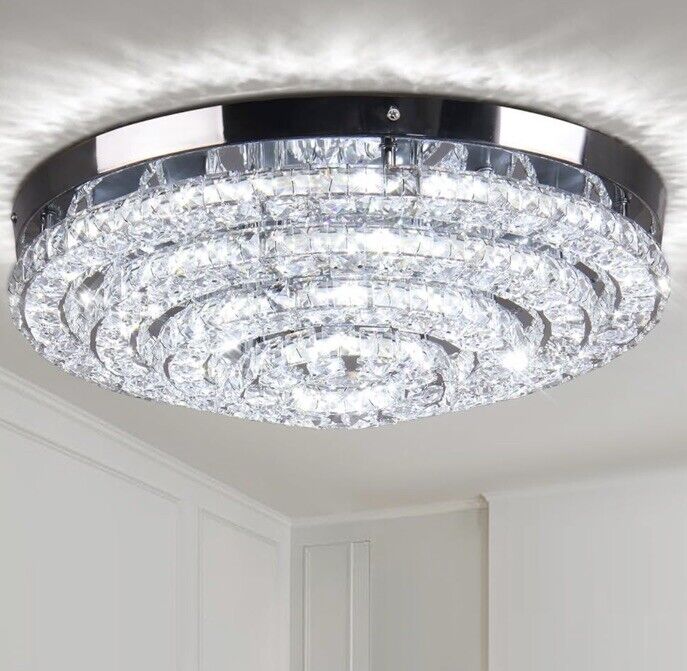 NIB 17.7" K9 Crystal Chandeliers LED Modern Chandelier 4 Round Stainless Steel