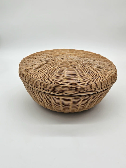 Vintage Dark Hand-Woven Wicker Rattan 11-1/2” Round Sewing Basket with Lid