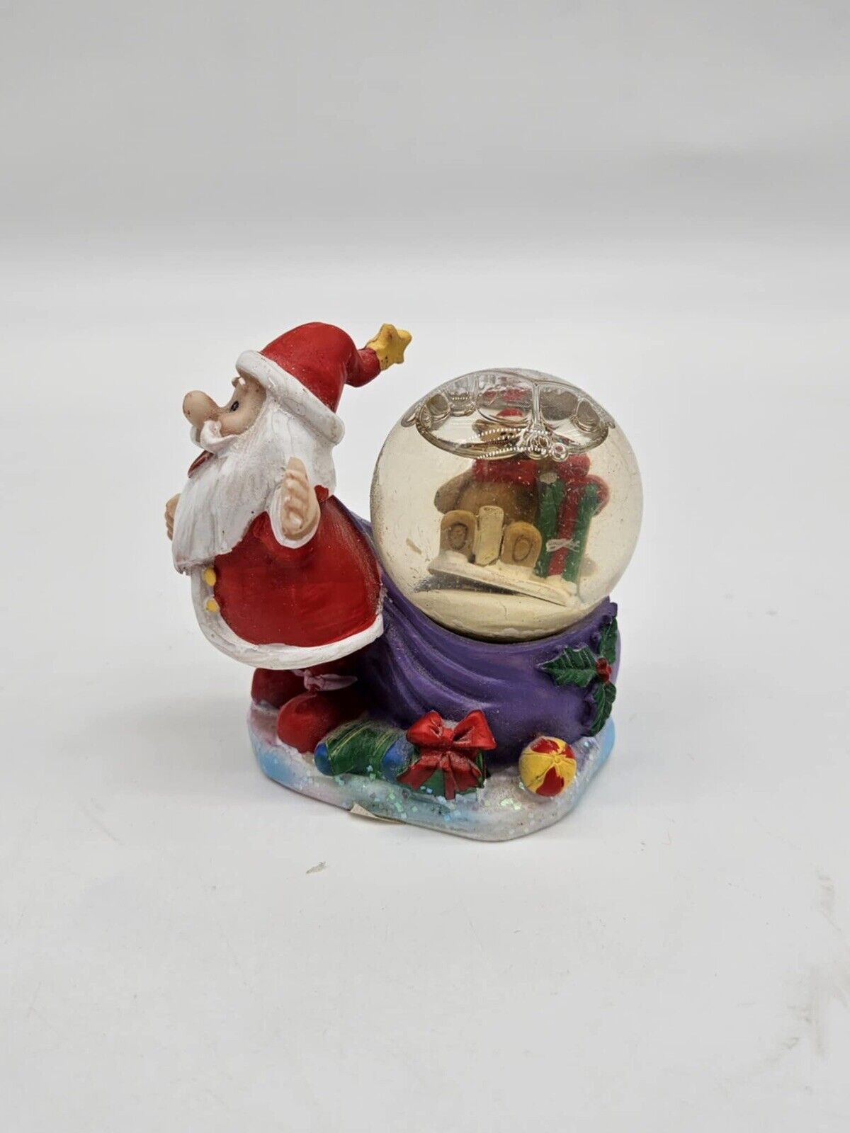RARE VINTAGE CHRISTMAS Santa Claus Small Snow Globe 3" Teddy Bear in Globe
