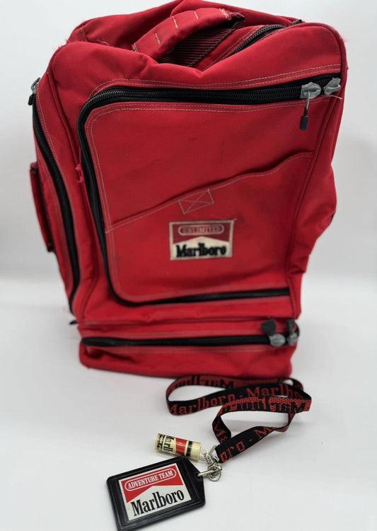 Vintage Marlboro Unlimited Gear Backpack Red 22” Long & Marlboro Lanyard