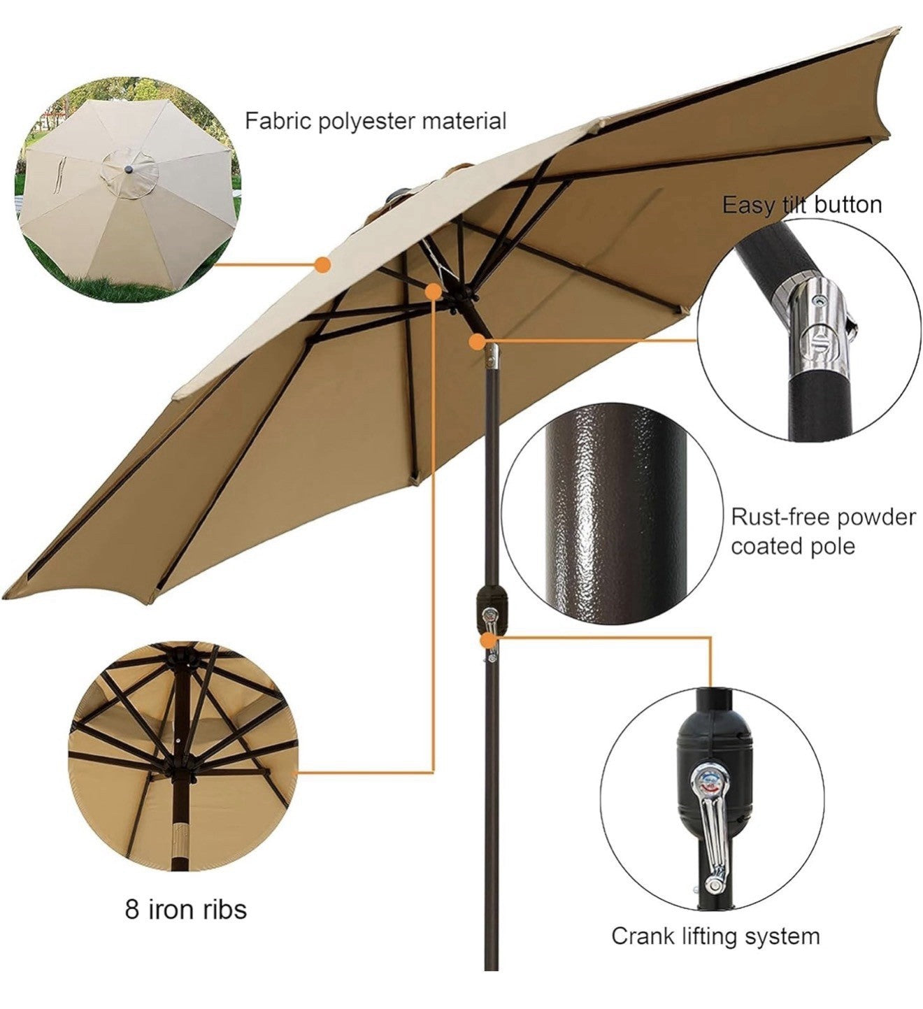 Blissun 9' Outdoor Patio Umbrella, Outdoor Table Umbrella, Yard Umbrella, Mar...