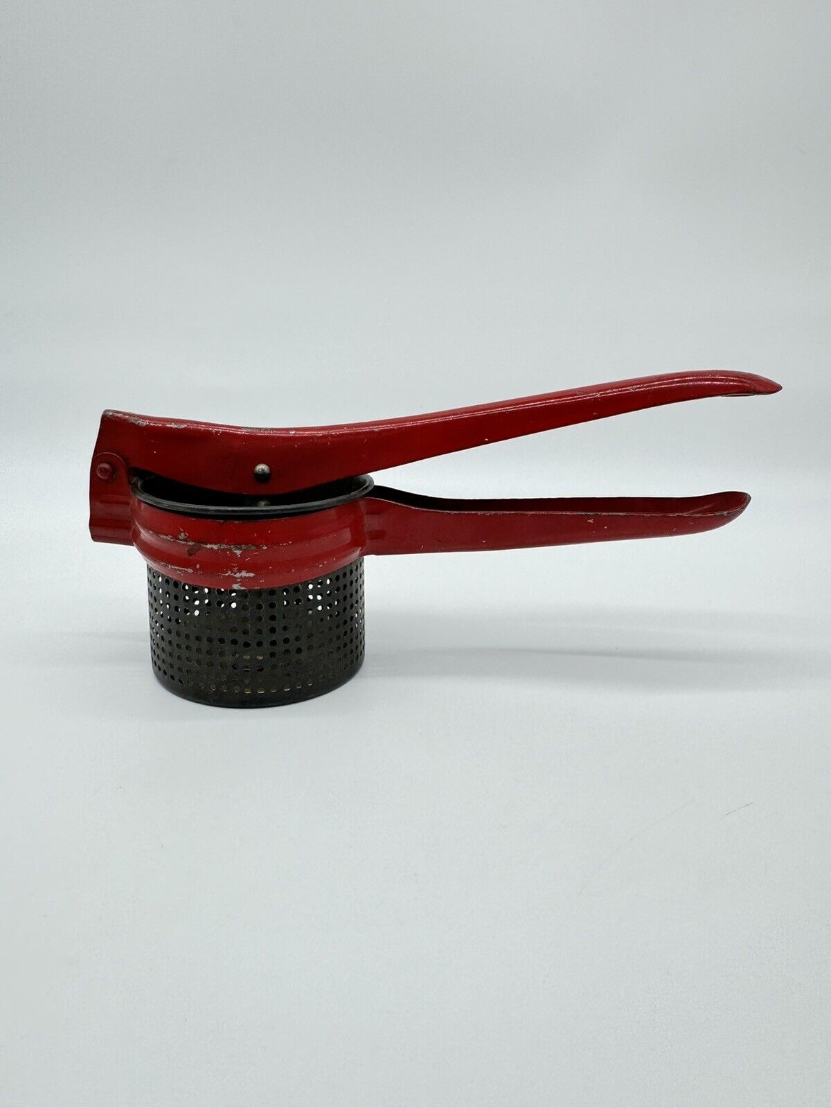 Vintage 1950's Metal Potato Ricer With Red Handle & Frame Masher Strainer