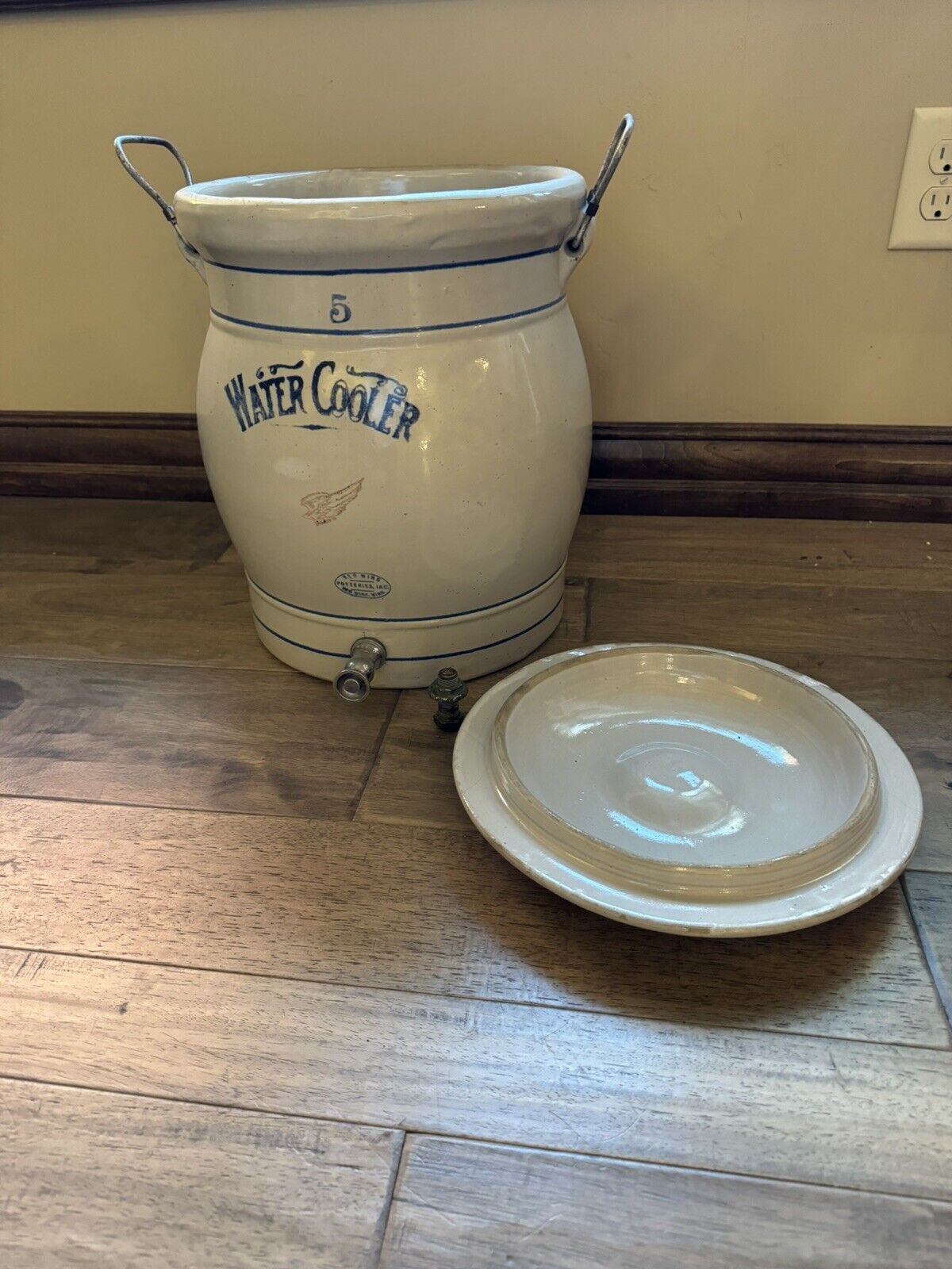 Large Rare Antique REDWING 5 Gallon Stoneware Water Cooler Dispenser w/Lid