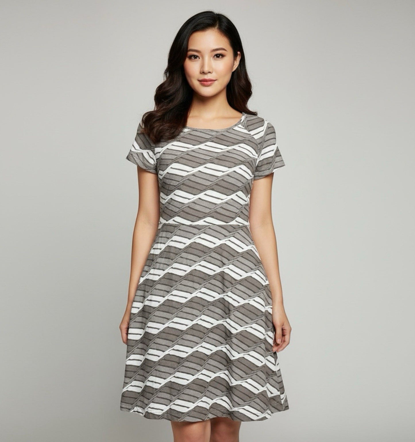 New York & Company Brown White Chevron Stripe Short Sleeve A-Line Dress Size S