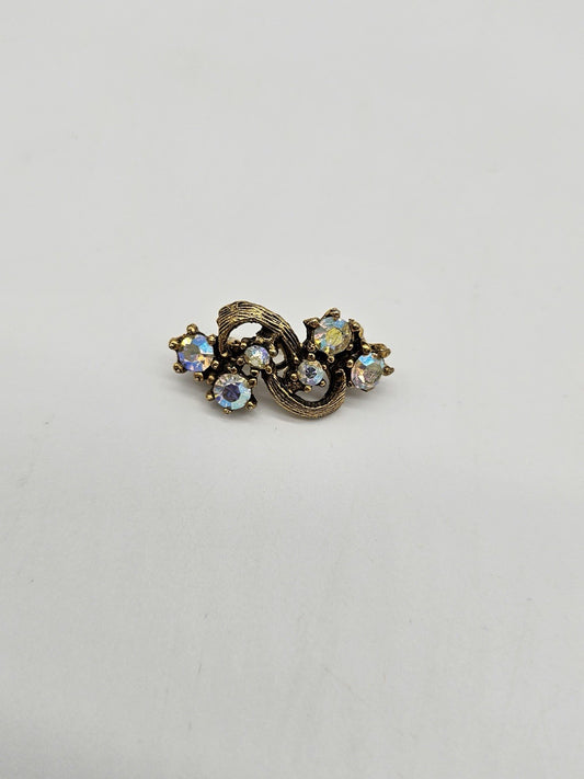 Vintage 50’s Gold Tone Iridescent AB Rhinestone Flower Bouquet Brooch Pin 1.25”