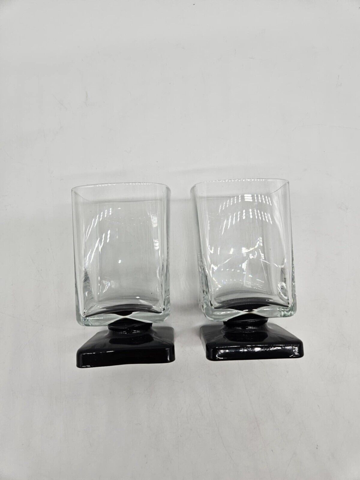 Set/2 DiSaronno Black Base Glass Square Footed Pedestal 4” Rocks Cordial Barware