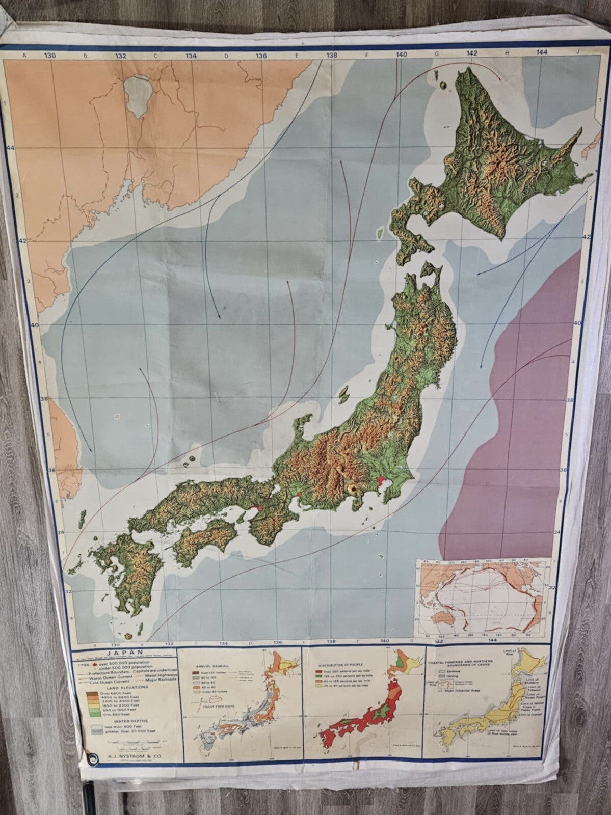 Vintage A.J. NYSTROM & CO. Large Pull Down Map Of Japan
