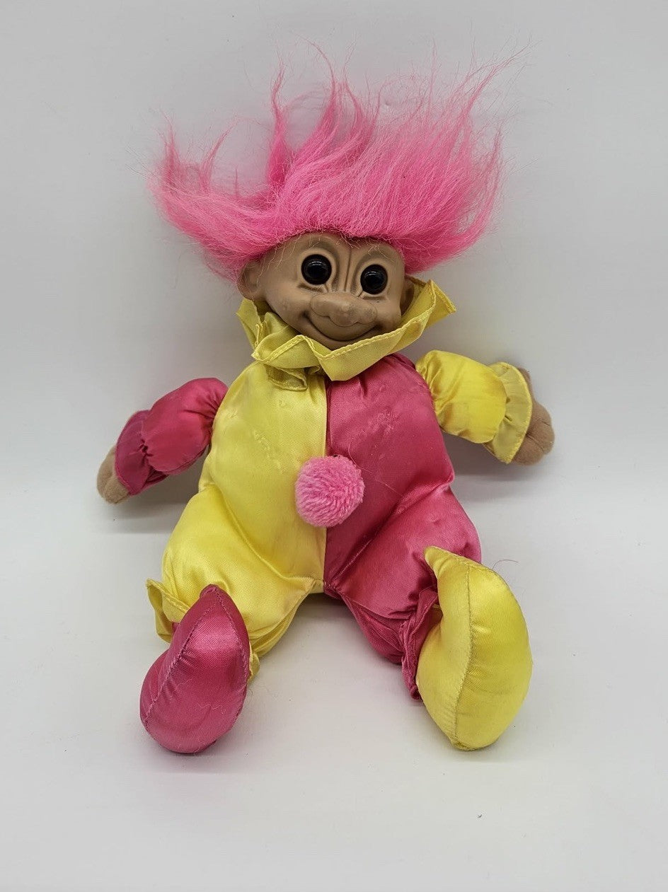 Russ Berrie Troll Doll Clown Jester Soft Body Pink Yellow Play-suit Pink Hair