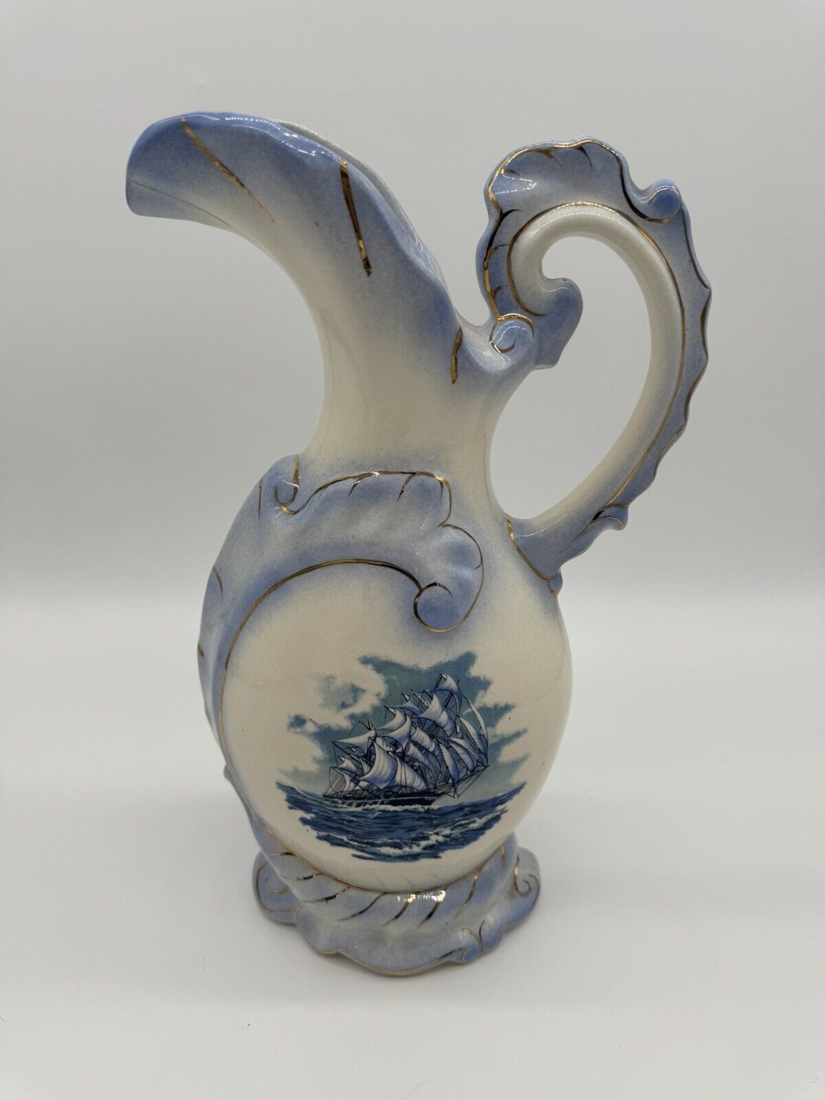 Pair of Vintage McCoy Pottery Pitchers Featuring Blue Nautical Design #73064