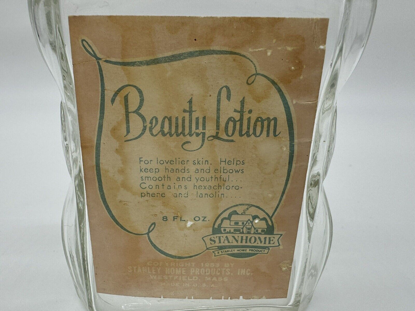 RARE Antique Glass Beauty Lotion Bottle ~ STANLEY HOME PRODUCTS, INC ~ VGT