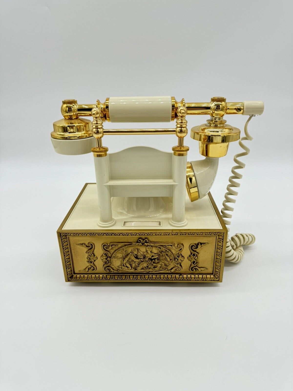 VINTAGE Telephone reproduction, Brass, Button, Desk Phone, Ivory WORKING