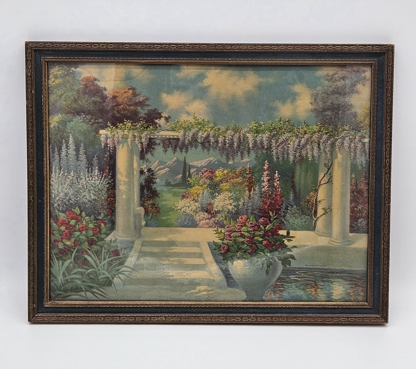 R. Atkinson Fox “English Garden” Lithograph Print Framed Vintage Wall Art