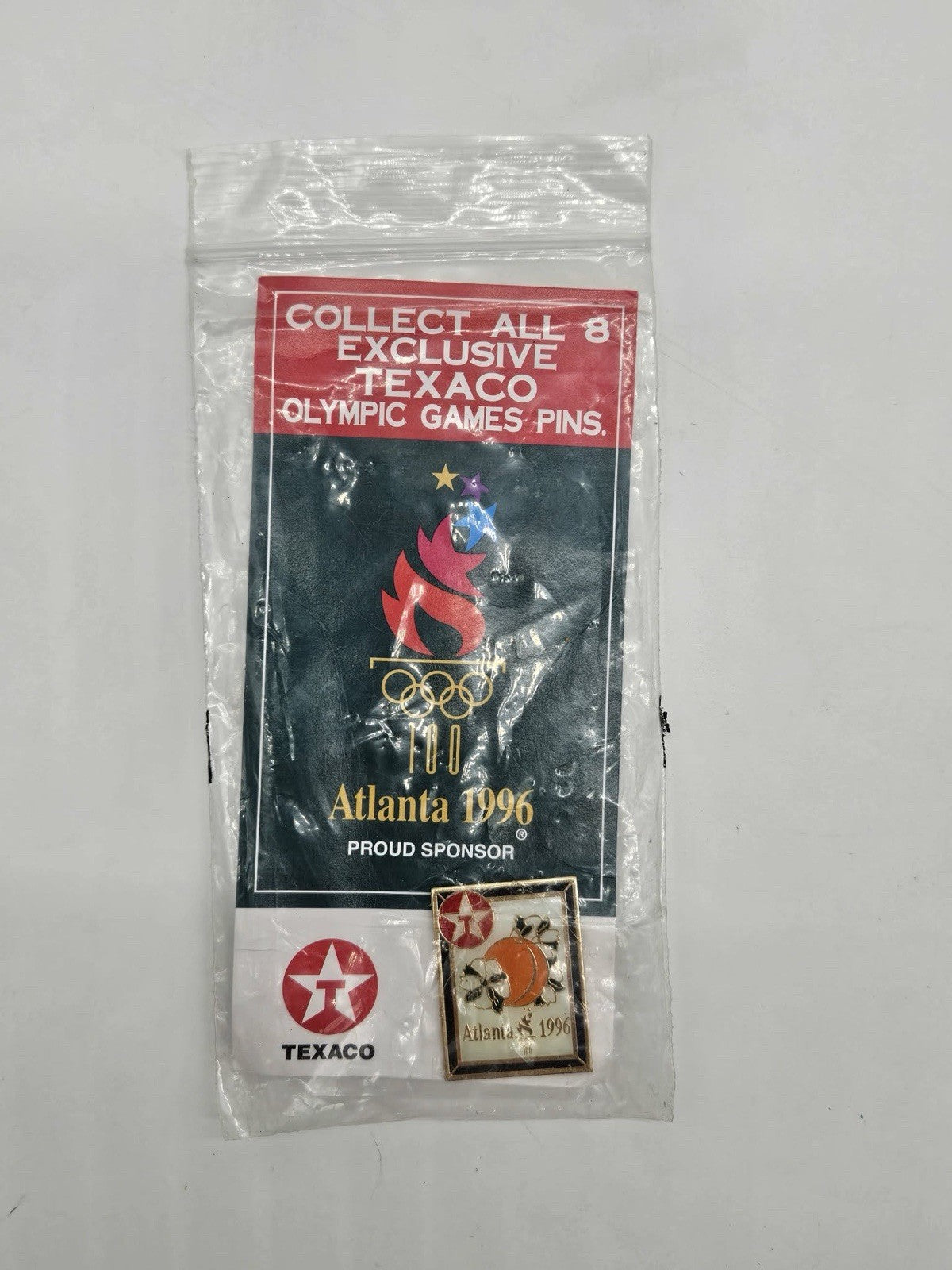 1996 Texaco Atlanta Olympics Lapel Pin on Card Georgia Peach February Deadstock