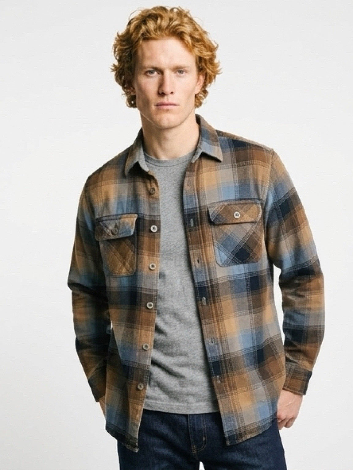 Men’s Vintage Heavy Plaid Flannel Button Down Shirt Brown/Blue Long Sleeve Sz S
