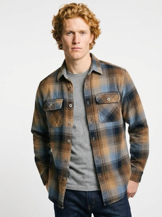 Men’s Vintage Heavy Plaid Flannel Button Down Shirt Brown/Blue Long Sleeve Sz S