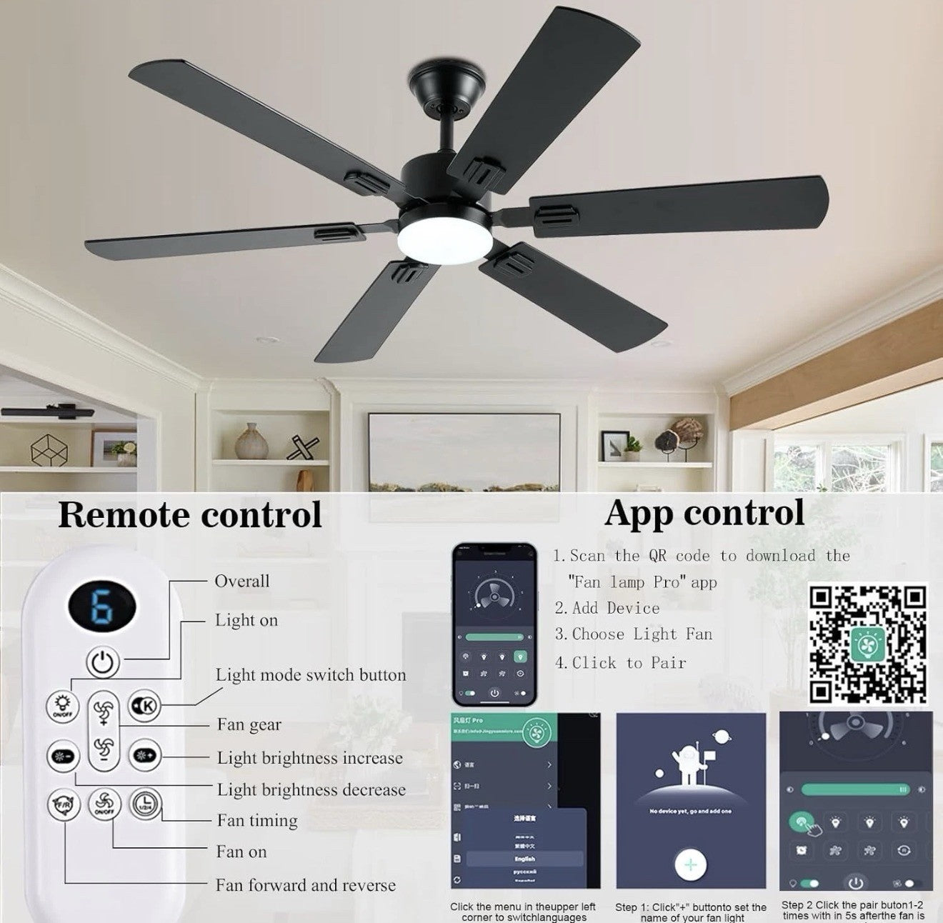 56Inch Black Ceiling Fans with Lights and Remote/App Control, Dimmable LED, Reve