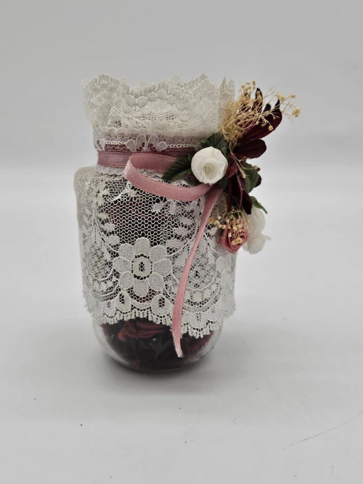Hand Crafted VTG Glass Jar Filled w/ Potpourri  Crocheted Top Burgundy Flowers