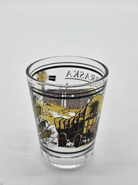 Nebraska Covered Wagon Wheat Corn Rising Sun Scene On Clear Standard Shot Glass