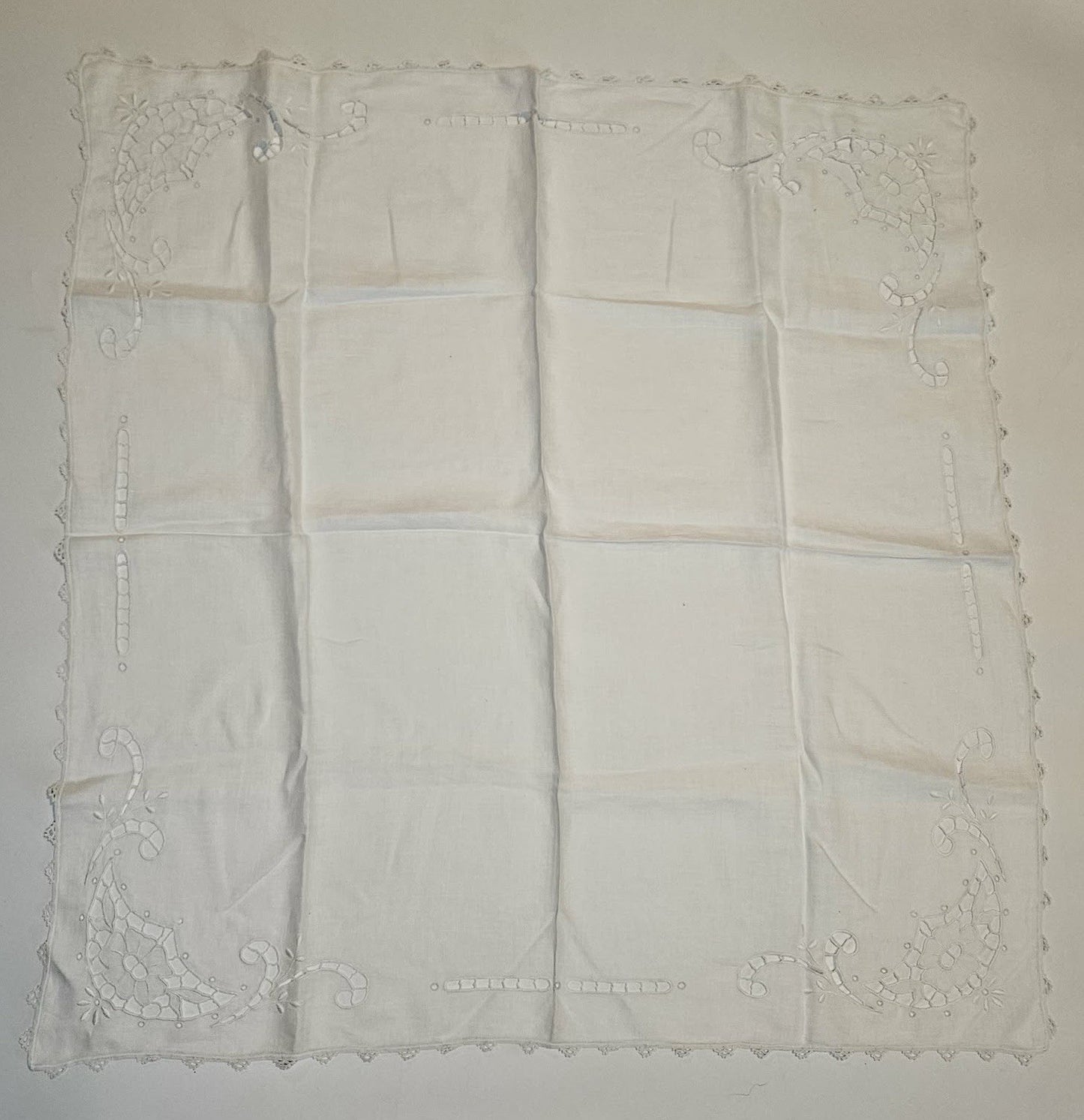 Antique Linen Tablecloth Intricate Lace Design  Cut-Outs 34" X 35" Embroidered