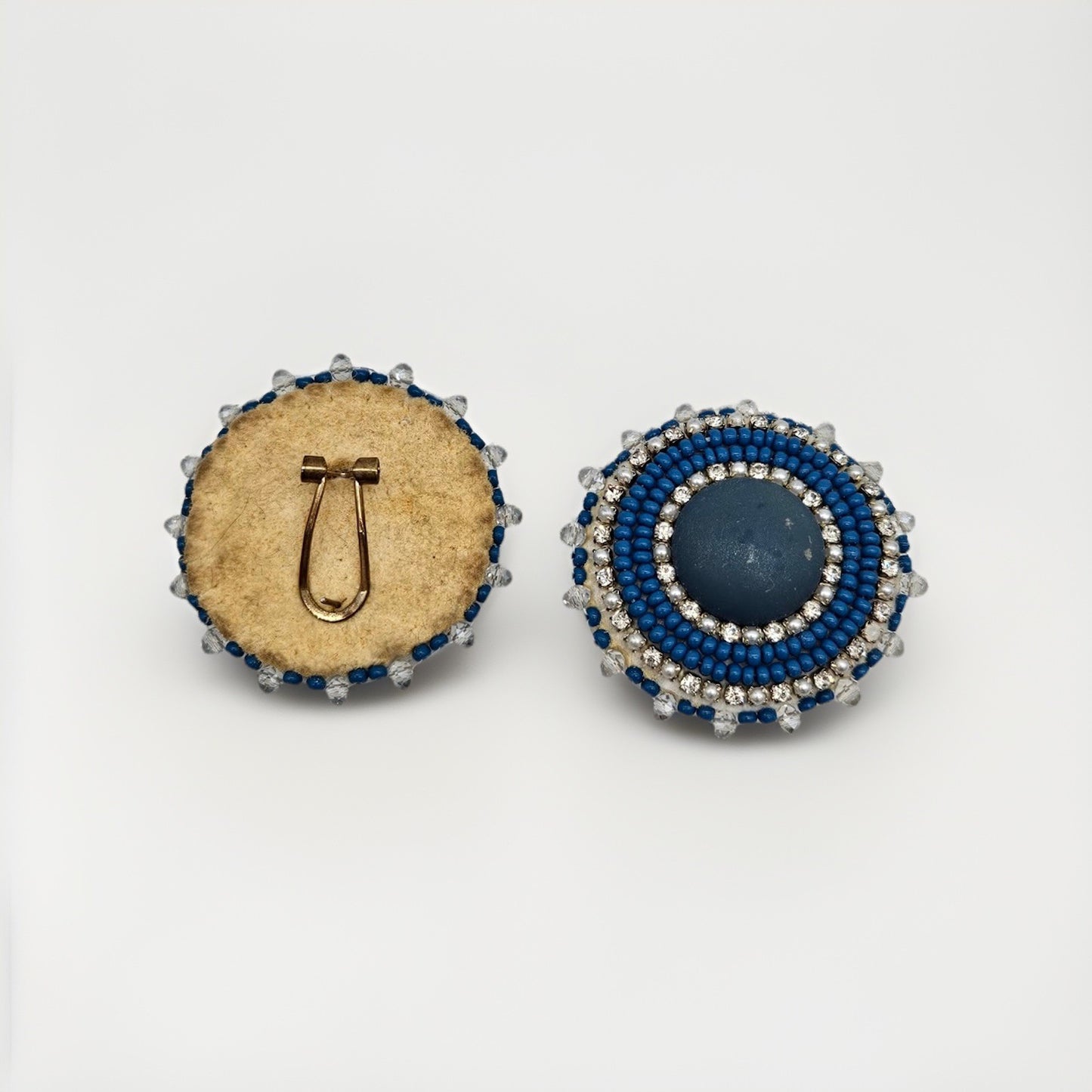 Vintage Blue Beaded Clip-On Earrings Round Seed Bead Rhinestone Statement