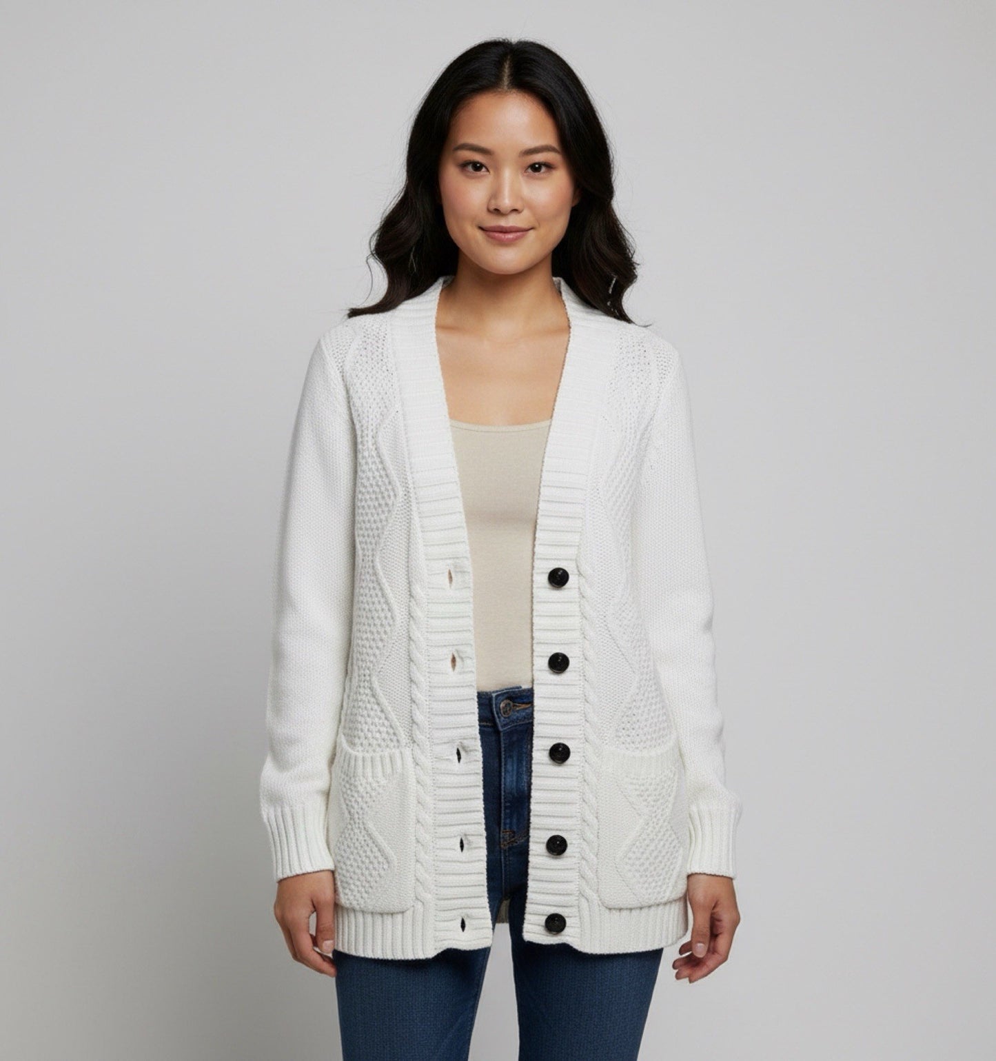 Venus Ivory Cable Knit Button-Front Cardigan Sweater Size M