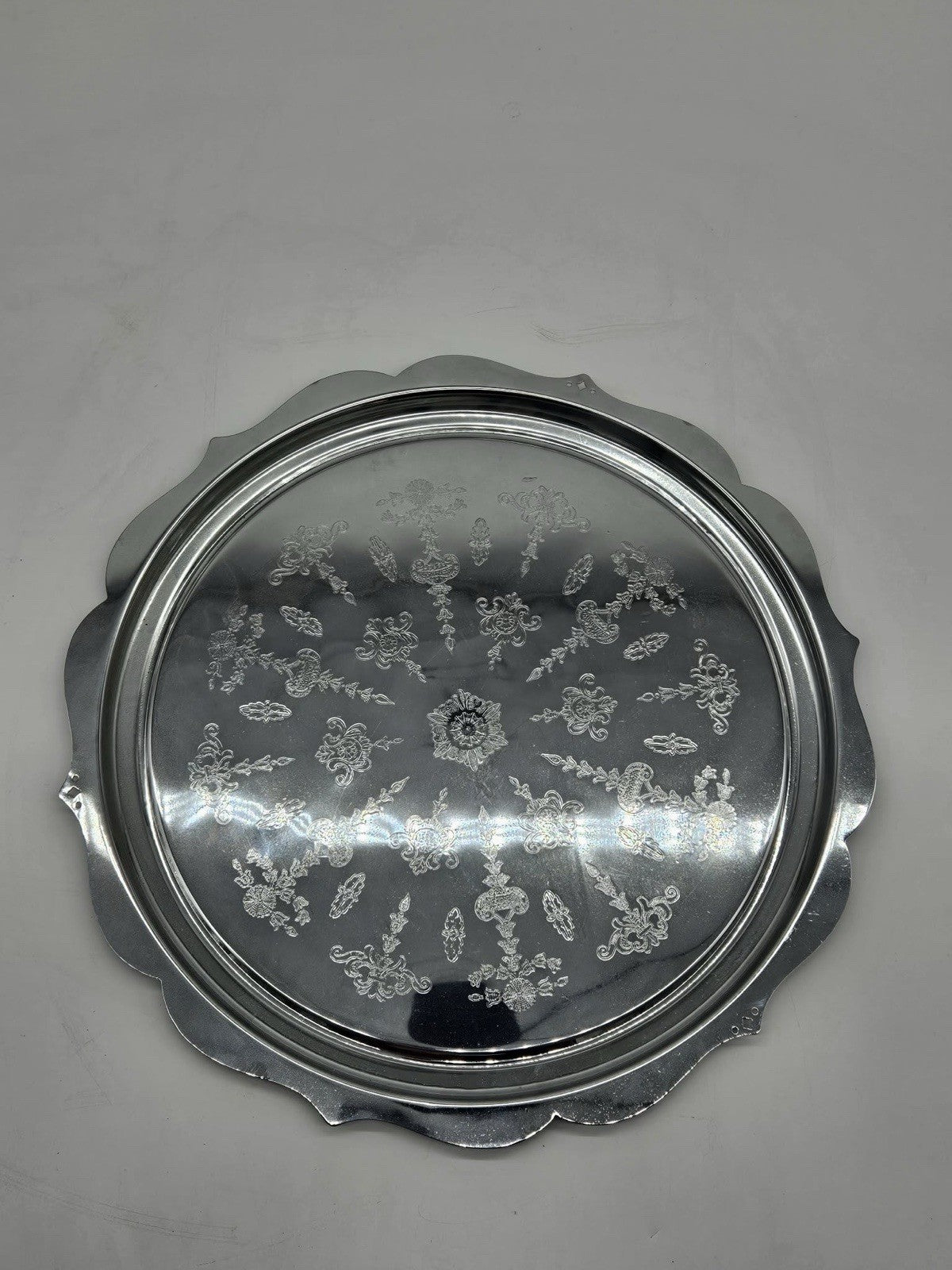 Vintage Serving Tray Etched Floral w/ Round Scalloped Edge - 12.5”