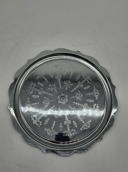 Vintage Serving Tray Etched Floral w/ Round Scalloped Edge - 12.5”